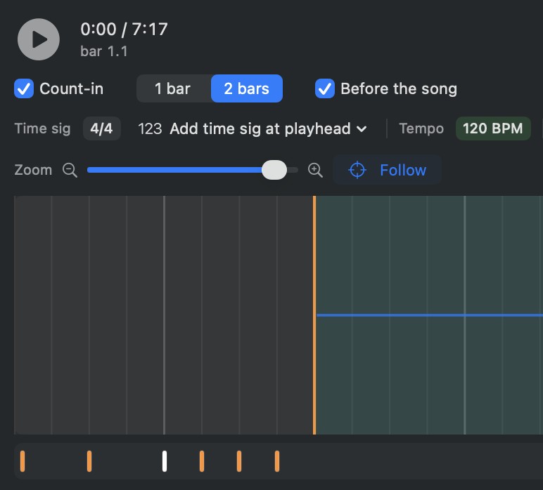 The count-in switch set to one or two bars with the lead-in option