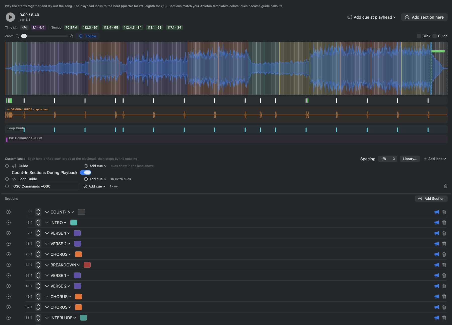 The Sections timeline with waveform, colored sections, and cue ticks
