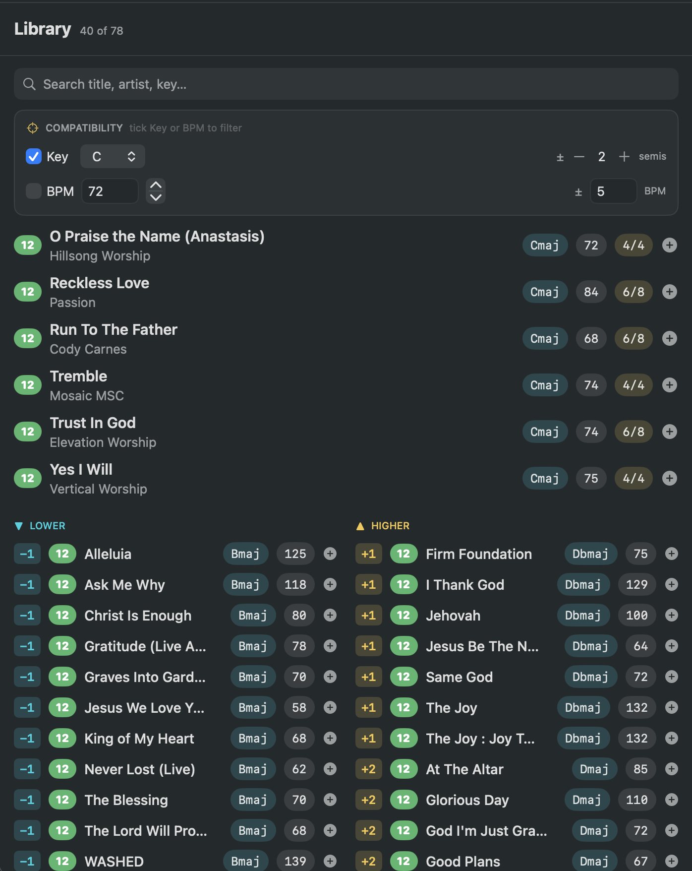 The key filter, songs grouped as in-key, lower, and higher