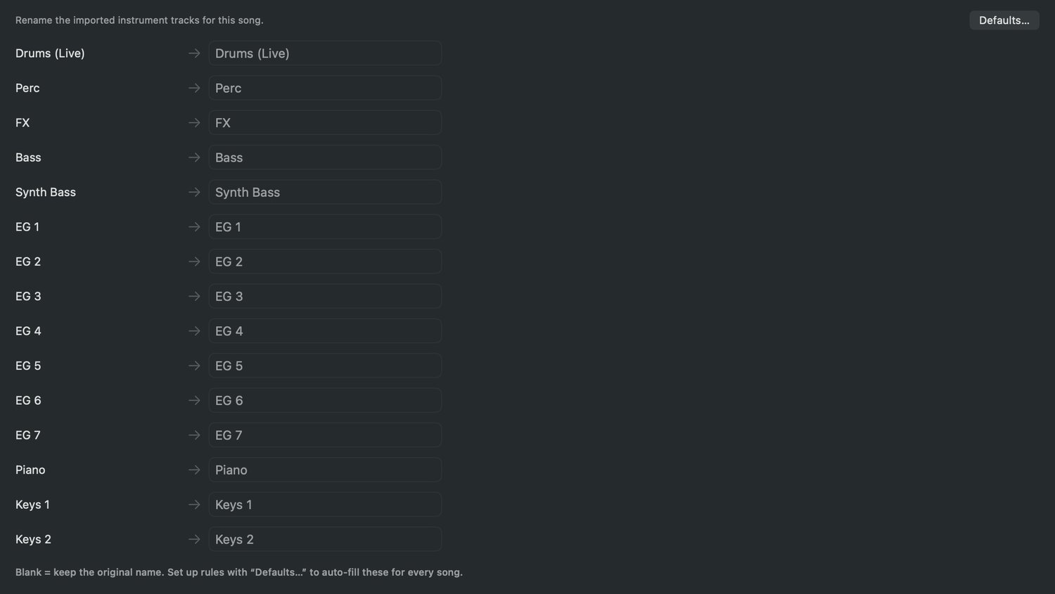 The track renaming list — original stem names on the left, your names on the right