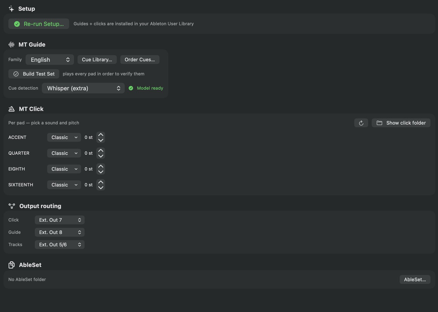 Settings — setup, guide, click, output routing, AbleSet