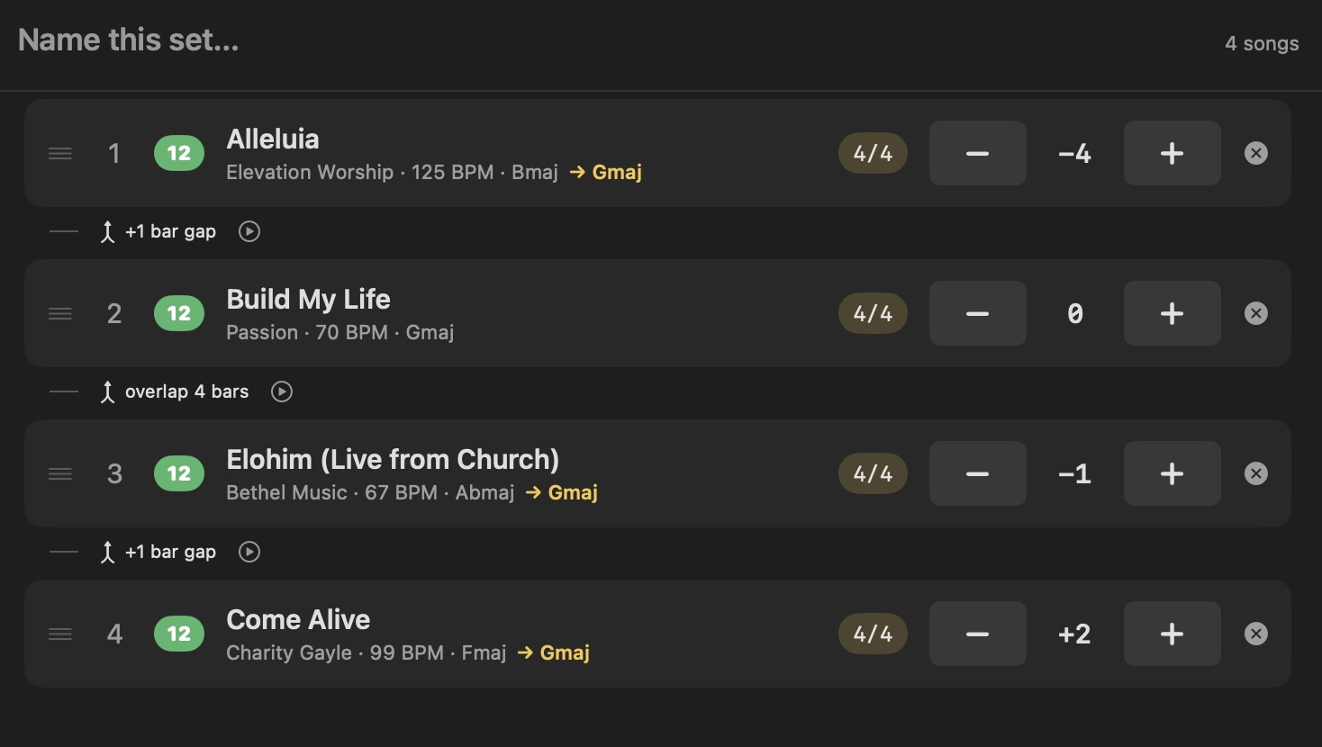 Transition controls between songs: gap, gapless, and overlap, each with a preview button