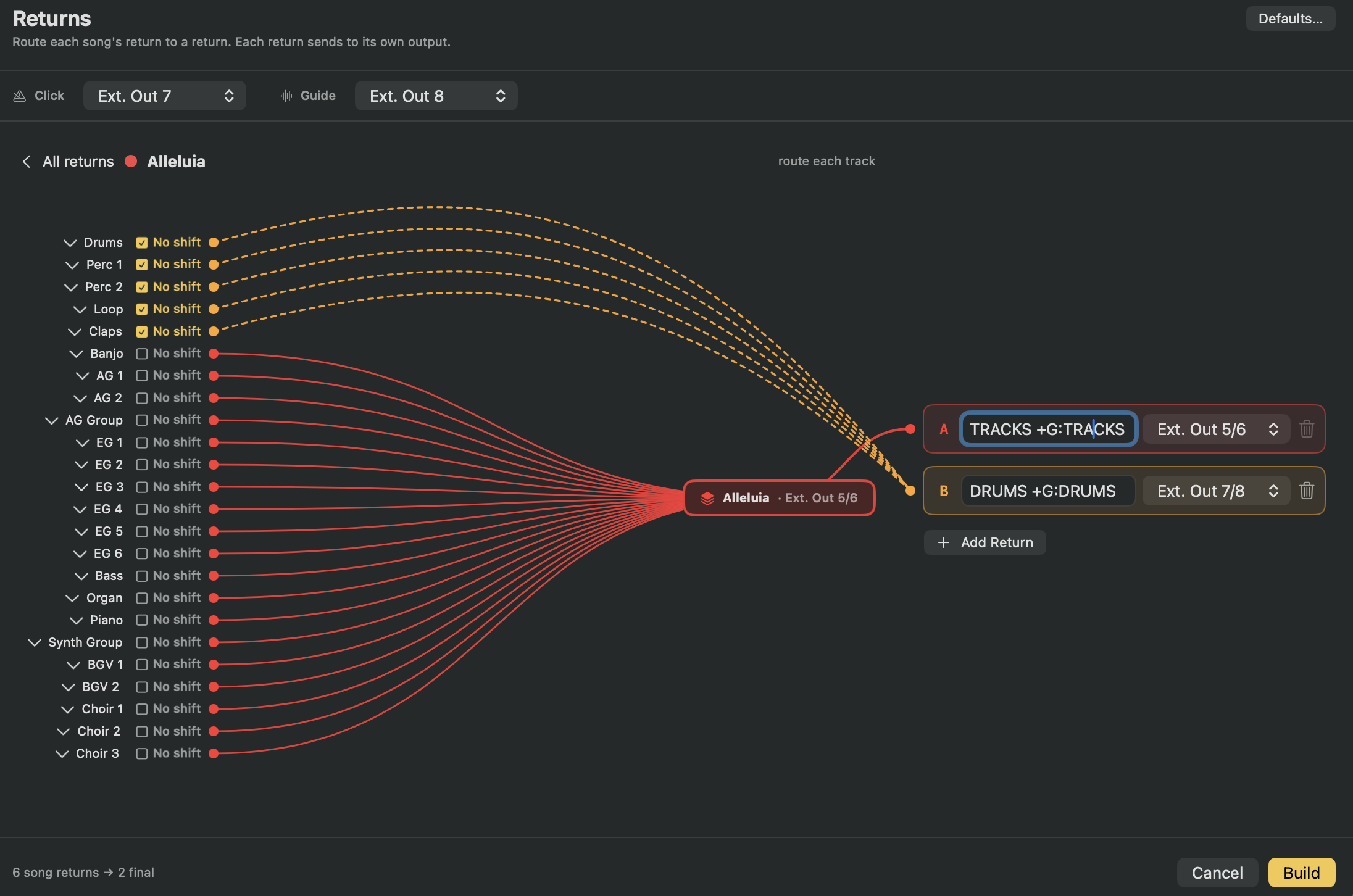 The per-song tracks and returns section, where each song's sends and returns are preserved.